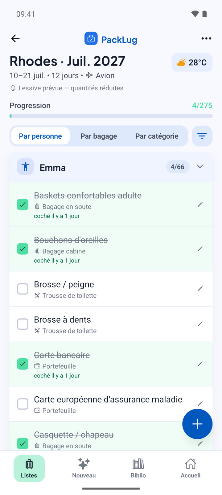 Liste de bagages d'une famille pour Rhodes, en Grèce, classée par voyageur, avec des articles déjà cochés